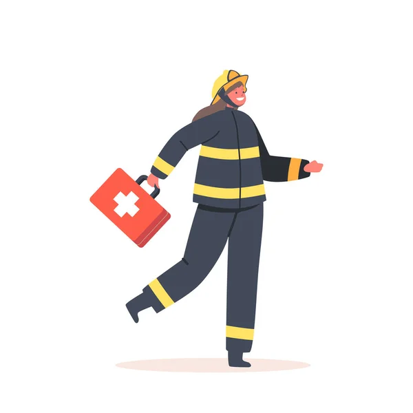 Fireman Girl Holding First Aid Kit Isolated White Background Kids —  Vetores de Stock