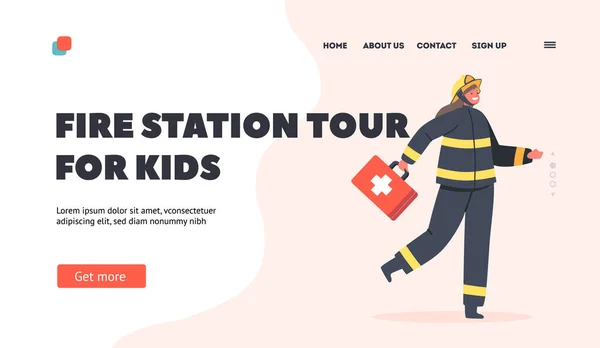 Trasa Straży Pożarnej Dla Dzieci Landing Page Template Strażak Trzyma — Wektor stockowy