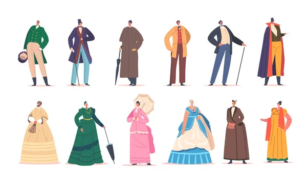 Set 19Th Century European Ladies Gentlemen Wear Elegant Gowns Hats — ストックベクタ