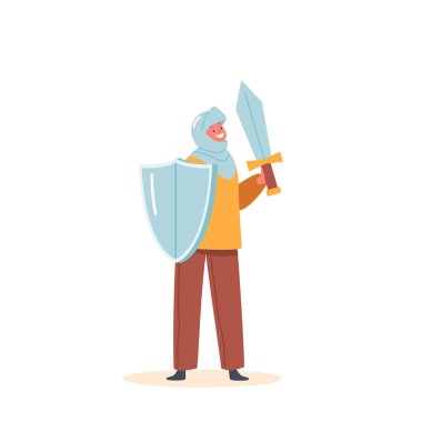 Şövalye Kostümü İçinde Çocuk, Komik Karakter Tiyatro Gösterisi, Eski Asker Giyimi ve Kılıç Giyen Çocuk Beyaz Arkaplanda İzole Edildi. Küçük Sanatçı Haçlısı. Çizgi film İnsanları Vektör İllüstrasyonu