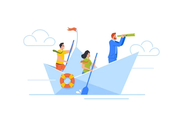 Business People Sailing Paper Boat Businessmen Woman Team Row Boss — Archivo Imágenes Vectoriales
