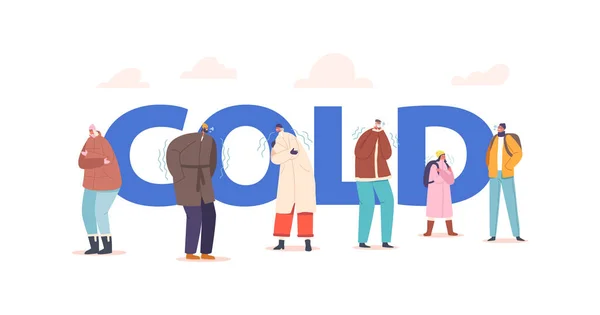 Freezing People Cold Weather Concept Characters Wearing Warm Winter Clothes — Stockvector