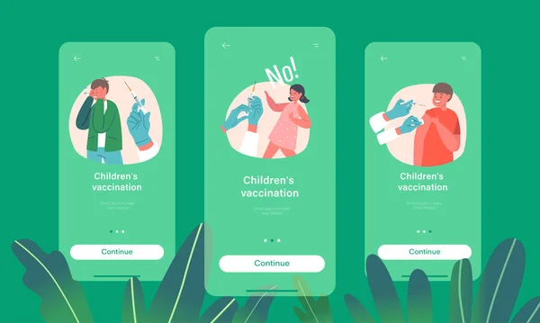 Children Vaccination Mobile App Page Onboard Screen Template Little Kids — Archivo Imágenes Vectoriales