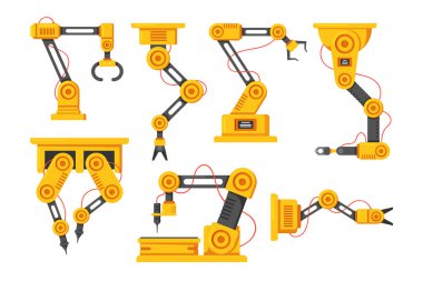 Industrial Robotic Arms Of Robot Manipulator. Manufacturing Automation Technology. Industrial Articulated Robots With Rotary Joints And Mechanical Hands With Laser Torch. Cartoon Vector Illustration