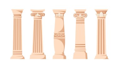 Antika Sütunlar, Roma Barok Rönesans Sütunları Süslü. Antik Klasik Fildişi Mermer, Taş Yunanistan Klasik Mimari, İç Koloni Cephesi Obelisk. Çizgi film Vektör İllüstrasyonu