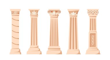 Antika Sütunlar, Beyaz Arkaplanda İzole Edilmiş Antik Klasik Taş Kolonlar. Roma ya da Yunanistan Mimari Tasarım Elementleri İçişleri için Groove Süslemeleri. Çizgi film Vektör İllüstrasyonu