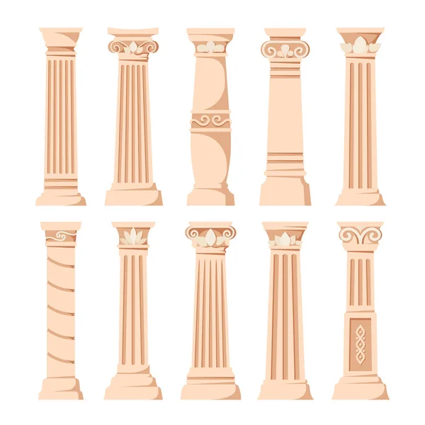 Set of Antique Pillars Isolated On White Background. Ancient Classic Stone Columns Of Roman Or Greece Architecture With Twisted And Groove Ornament For Interior Design. Cartoon Vector Illustration