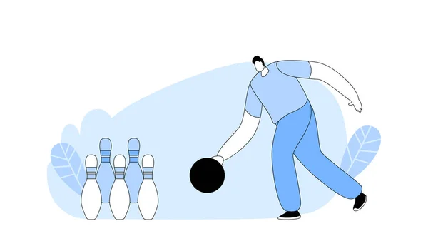 Male Character Playing Bowling, Man Throw Ball on Alley with Pins Hitting Strike. Active Lifestyle, Spend Time on Weekend, Sparetime Recreation in Bowling Club. Line Art Flat Vector Illustration