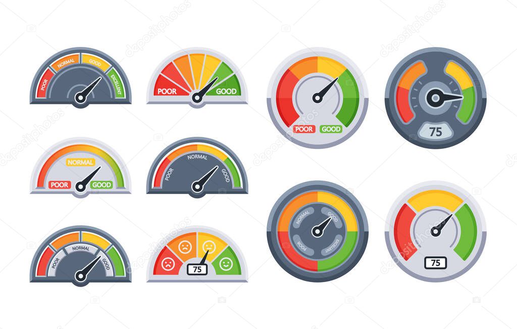 Set Indicator of Trust, Good, Normal or Bad Brand Reputation, Client Credibility Gauge Isolated on White Background. Scale of Product or Service Quality, Indication Meters. Cartoon Vector Illustration