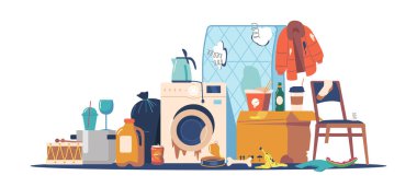 Çöp Yığını, Çöp Yığını, Farklı Çöp Camları, Tekstil, Elektronik ve Organik, Ahşap, Plastik veya Kağıt ve Metal Çöpü, Sıralama ve Geri Dönüşüm Konsepti. Çizgi film Vektör İllüstrasyonu