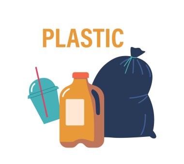 Beyaz Arkaplan 'da izole edilmiş plastik çöp. Tek kullanımlık kupa, poşet ve şişe atıkları. Çöp Geri Dönüşümü, Sıralama, Doğayı Kurtarma ve Çevre Kirliliği Konsepti. Çizgi film Vektör İllüstrasyonu