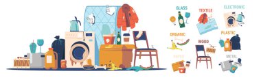 Çöp Ayıklama ve Geri Dönüşüm Konsepti ve Çöp Yığını. Cam, Tekstil, Elektronik ve Organik, Ahşap, Plastik veya Kağıt ve Metal Atıkları. Çizgi film Vektör İllüstrasyonu