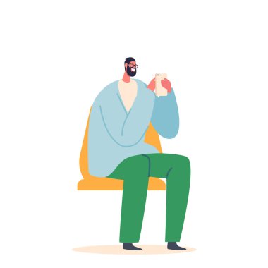 Smartphone 'un Sosyal Medya Ağı' nda Gülümseyen Erkek Karakter İletişimi Beyaz Arkaplanda İzole Edildi. Metro 'da sandalyesinde oturan cep telefonlu olgun sakallı adam. Çizgi film Vektör İllüstrasyonu