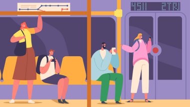 Subway Train Interior with Young and Adult Male or Female Characters. Citizen in Underground Urban Metro. People Using Public Transport Sit or Stand in Salon. Cartoon Vector Illustration
