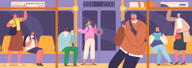 Passengers in Subway, Metro, Underground Urban Public Transport. Tourists and Native Citizens Characters Inside of Underpass Transportation. People Going by Train. Cartoon Vector Illustration