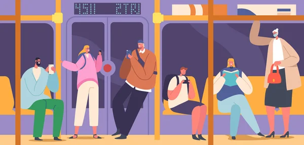 Pasajeros Metro Personas Dentro Del Tren Subterráneo Transporte Público Urbano — Archivo Imágenes Vectoriales
