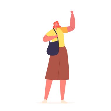 Beyaz kadın karakteri kısa kollu sarı bluz, kahverengi etek ve kaldırılmış kollu el çantası standı giyer. Yaz sezonu için Moda Kıyafetli Kız. Çizgi film İnsanları Vektör İllüstrasyonu