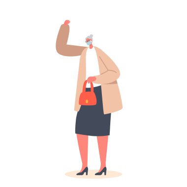 Kıdemli Kadın Karakter Yüzü Maskesi standı. Beyaz Arkaplanda Kaldırılmış El ile. Yaşlı kadın, büyükanne, yaşlı kadın bluzu ve uzun etek. Çizgi film İnsanları Vektör İllüstrasyonu