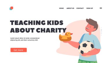 Çocuklara Yardım İniş Şablonu 'nu öğretiyorum. Küçük Çocuk Oyuncaklarla Oynuyor. Rubber Duck ve Ball 'u olan çocuk. Çocuk etkinliği, bağış, erkek karakter eğlencesi oyunu. Çizgi film İnsanları Vektör İllüstrasyonu