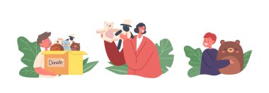 Set Children and Volunteer with Donation Box and Toys, Humanitarian Aid to Orphans Concept. Characters Charitable Toys. Happy Kids and Sponsor Isolated Icons. Cartoon People Vector Illustration