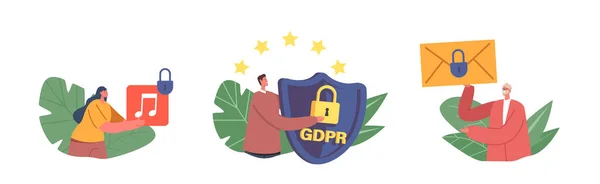 Gdpr Policy Data Protection Privacy Concept Drobné Postavy Obrovským Mediálním — Stockový vektor