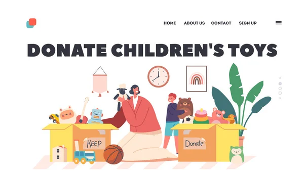 Toys Donation Humanitarian Aid Orphans Landing Page Template Children Volunteers — 图库矢量图片