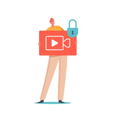 Büyük Video Oynat Düğmesi ya da Asma Kilitli Medya Dosyası olan Küçük Erkek Karakteri. Veri Güvenliği, Gizlilik ve Koruma Konsepti. GDPR, Dijital Belgeler Ağ Güvenliği. Çizgi film İnsanları Vektör İllüstrasyonu