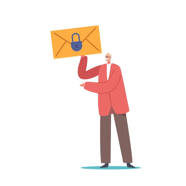 Tiny Male Character Huge Envelope Padlock Isolated White Background Email — ストックベクタ