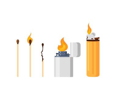 Kibritler ve çakmaklar beyaz arka planda izole edildi. Sigara ve ateş yakmak için malzemeler. Yanıcı Aletler, Kibrit Çubukları Alevler ve Yanmış Grafik Tasarım Elementleri. Çizgi film Vektör İllüstrasyonu