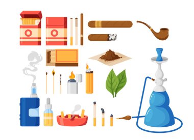 Set of Tobacco or Nicotine Products and Smoking Items. Cigarette Package, Ashtray, Cigar, Hookah And Tobacco Leaves. Vape, Matches, Lighter and Pipe Isolated On White Background Cartoon Vector Icons