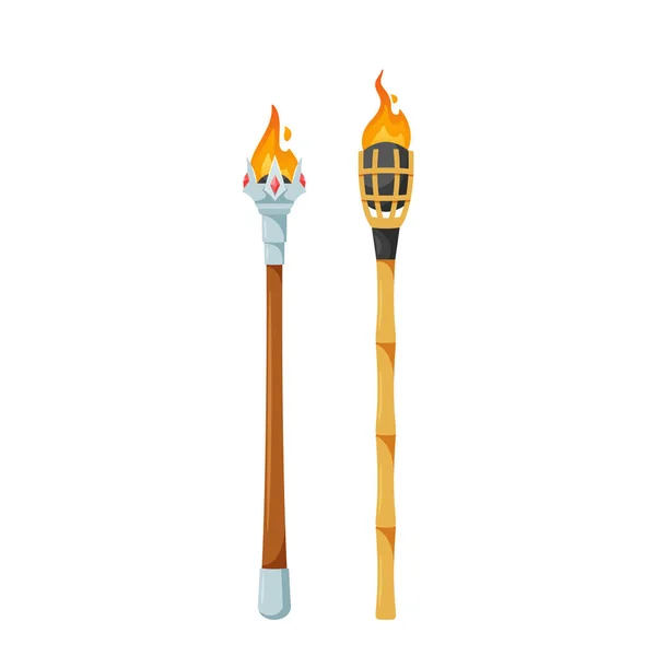 Medieval Tiki Torches Game Assets Ancient Lantern Burning Fire Wooden — Stock Vector
