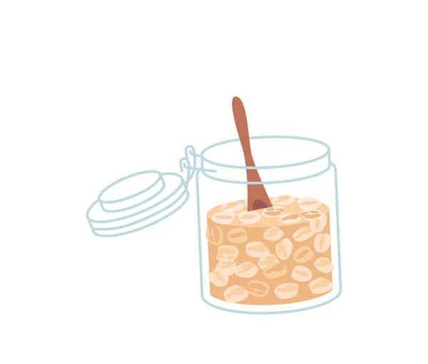 Oatmeal Granola Flakes Glass Jar Wooden Spoon Isolated White Background — Stockvektor