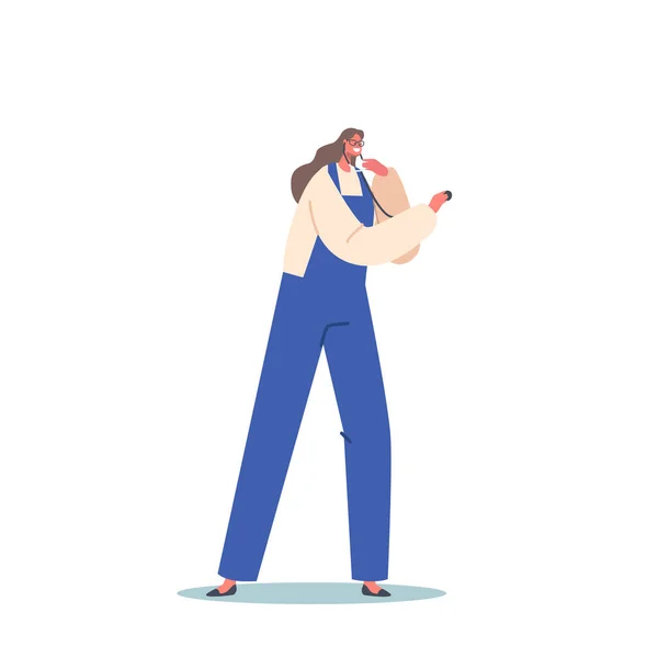 Female Character Wear Worker Overalls Holding Stethoscope Isolated White Background —  Vetores de Stock