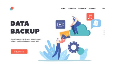 Veri Kurtarma ve Yedekleme İniş Şablonu. İşçi Karakterleri Ortam Dosyalarını Sanal Sunucu 'daki Bulut Deposuna Kaydet. İnternet Teknolojileri, Bilgi Koruması. Çizgi film Vektör İllüstrasyonu