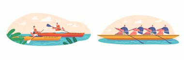 Kayaking, Canoeing or Rafting Sport Competition. Sportsmen Rowing in Kayaks, Extreme Activity, Championship Water Sports Games Dual Team Rowing. People Row In Boat Concept. Cartoon Vector Illustration