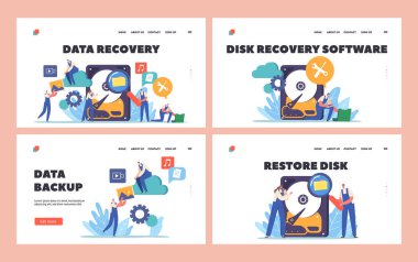 Data Recovery Landing Page Template. Tiny Workers Characters with Tools around of Huge Hard Disk. Information Storage, Backup Modern Technologies Hosting Servers. Cartoon People Vector Illustration
