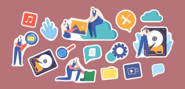 Çıkartma Veri Kurtarma, Yedekleme ve Koruma, Donanım Tamir Servisi. İşçi Üniforması Tamir Dosyası, Bulut Deposu, Büyüteç 'teki Karakterler. Çizgi film Vektör İllüstrasyonu, İzole Yamalar