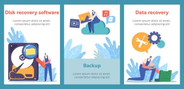 Disc Recovery Software Cartoon Banners. Workers Characters Fixing Hard Disk. Concept of Data and Information Storage, Backup, Digital Data Recovery Technologies. Vector Illustration, Posters Set