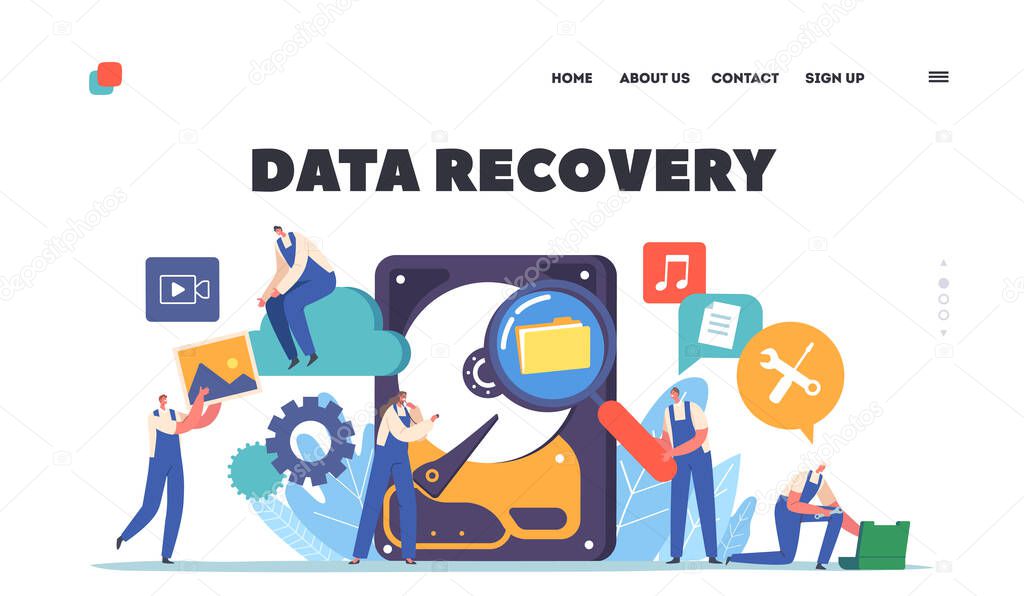 Data Recovery Landing Page Template. Tiny Workers Characters with Tools around of Huge Hard Disk. Information Storage, Backup Modern Technologies Hosting Servers. Cartoon People Vector Illustration