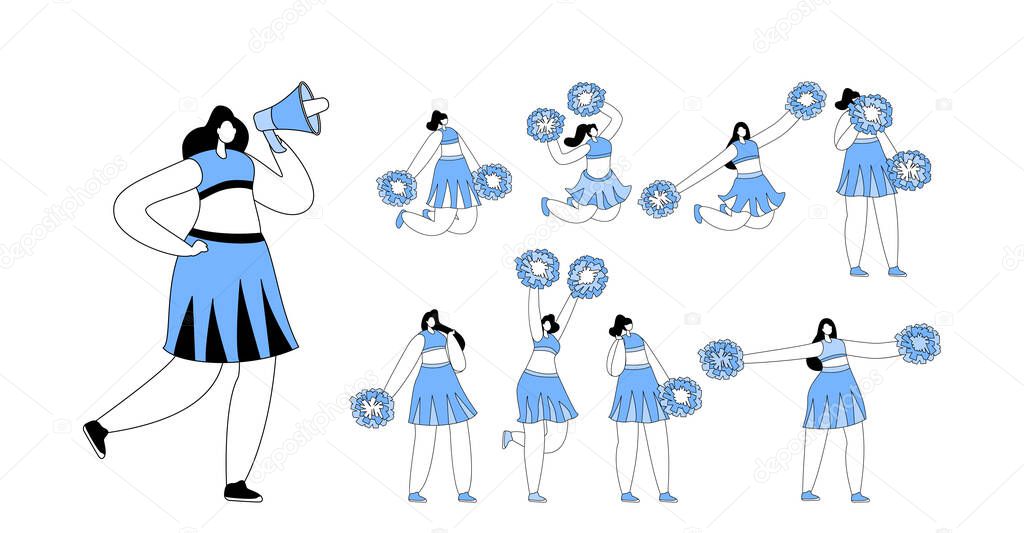 Set Cheerleaders Team in Uniform with Pompons in Hands Dance to Support Sportsmen on College Sports Event or Competition. Student Girls Perform Motivation Dance. Cartoon Vector Illustration