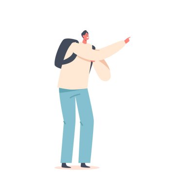 Sırt çantalı genç turist beyaz arka planda izole edilmiş ilginç bir şeye parmak basıyor. Gezgin Erkek Karakter Ziyaret Gezisi, Landmark. Çizgi film İnsanları Vektör İllüstrasyonu