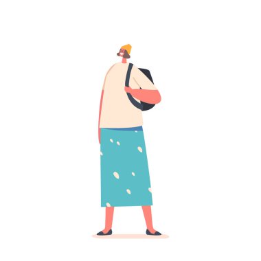 Happy Female Character with Backpack,Tourist, Student or Hipster Girl in Casual Clothes T-shirt and Skirt Wear Glasses and Rucksack Isolated on White Background. Cartoon People Vector Illustration