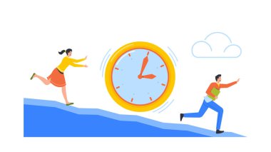 Deadline, Stress, Working Productivity, Time Management Concept. Business Characters with Documents Trying to Escape from Huge Alarm Clock Running Down the Mountain. Cartoon People Vector Illustration