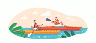Kayıkçı Tekne Rafting ya da Vahşi Nehir 'de Kayak Sporları Yarışması. Cankurtaran yeleği giyen insanlar kanoda kürek çekiyor. Aşırı Hobi, Aktif Turizm, Tehlikeli Macera. Çizgi film Vektör İllüstrasyonu