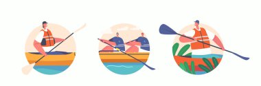 People on Boats Kayaking, Canoeing or Rafting Sport Isolated Icons or Avatars. Sportsmen Rowing in Kayaks, Extreme Activity, Championship Water Sports Games Concept. Cartoon Vector Illustration