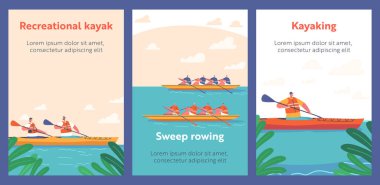 Kayak, kano sporu yarışması afişleri. Sporcular Kayaklarla Kürek Çekiyor, Ekstrem Faaliyetler, Şampiyonluk Su Sporları Oyunları, İnsanlar Teknede Kürek Çekiyor. Çizgi film Vektör İllüstrasyonu, Posterler