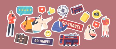 Set of Stickers Tourists Travel on Bus, Characters Visiting Sightseeing, People In Casual Clothes with Backpack, Red Double Decker Vehicle, Suitcase, Ferris Wheel. Cartoon Vector Isolated Patches