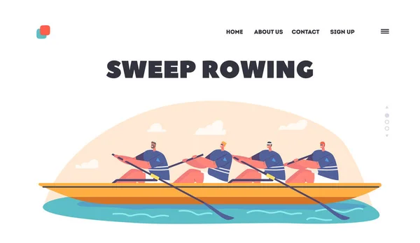 Sweep Rowing Landing Page Template Four Athletes Swim Boat People — Stock vektor