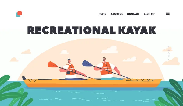 Recreational Kayak Landing Page Template Kayaking Rafting Travel Man Woman — Vettoriale Stock