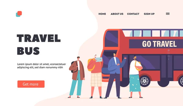 People Bus Trip Landing Page Template Group Tourists Travel Shoot — Stock Vector